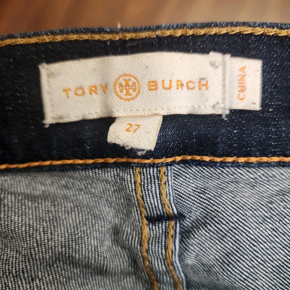 Tory Burch Women's Dark Denim Blue Jean Size 27 Straight Leg Gold Button Logo - Picture 8 of 14